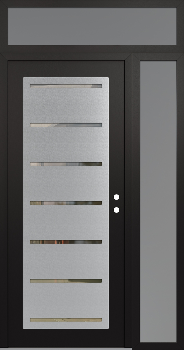 Modern Steel Front Door Diamond C11 50" x 96" black/black clear Glass Panel stainless steel LHI with Sidelite and Transom frosted Glass