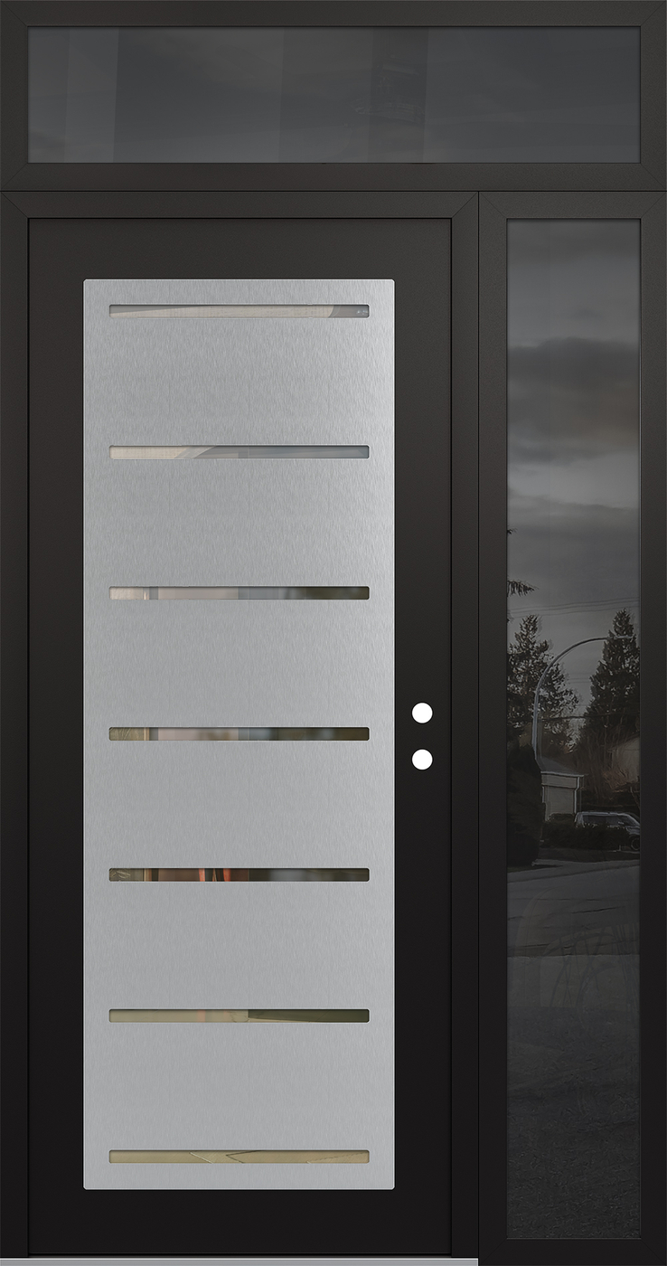 Modern Steel Front Door Diamond C11 50" x 96" black/black clear Glass Panel stainless steel LHI with Sidelite and Transom mirrored Glass