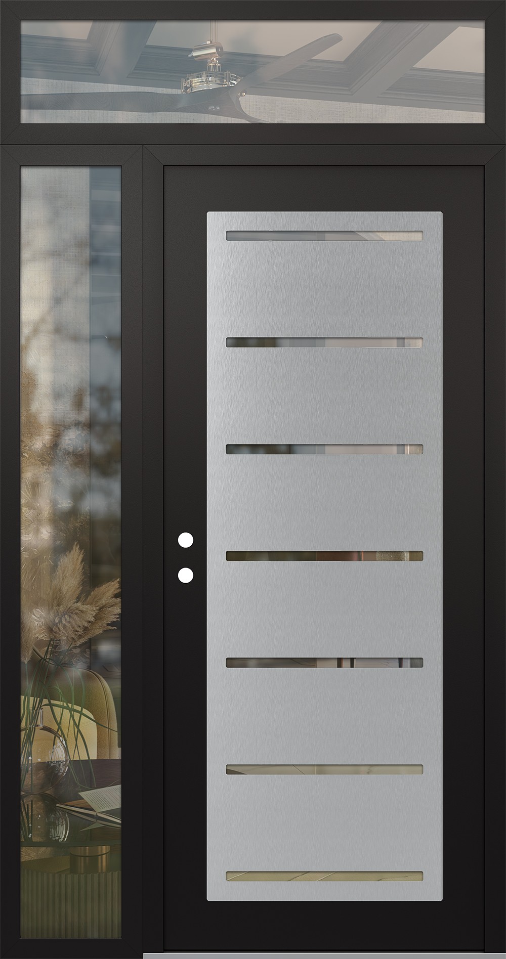 Modern Steel Front Door Diamond C11 50" x 96" black/black clear Glass Panel stainless steel RHI with Sidelite and Transom clear Glass