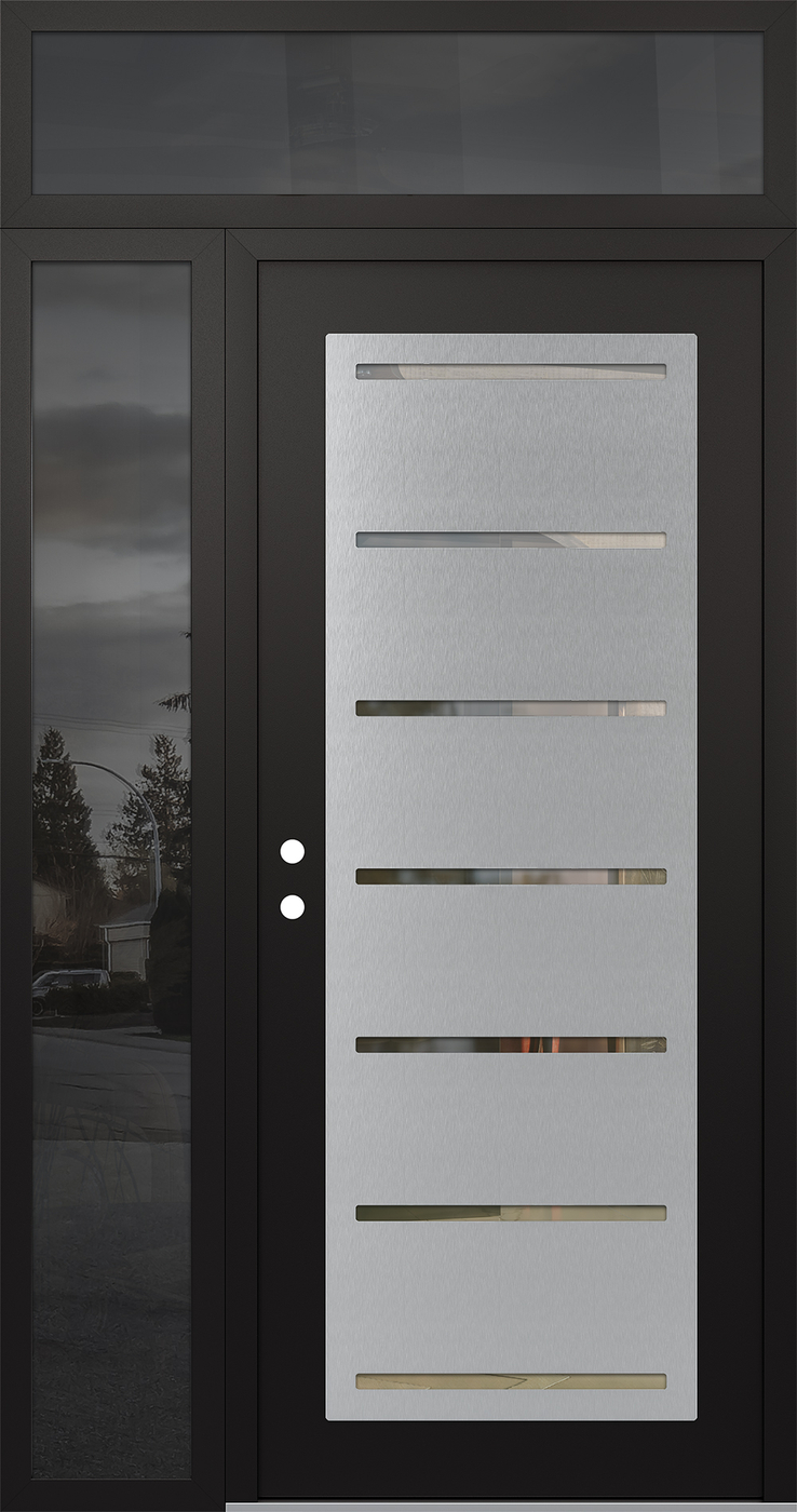Modern Steel Front Door Diamond C11 50" x 96" black/black clear Glass Panel stainless steel RHI with Sidelite and Transom mirrored Glass