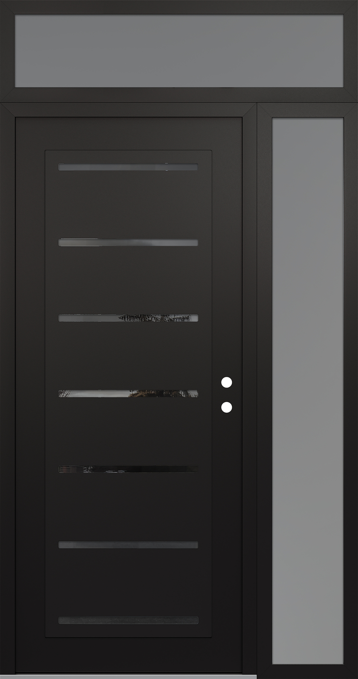 Modern Steel Front Door Diamond C11 50" x 96" black/black mirrored Glass Panel black LHI with Sidelite and Transom frosted Glass