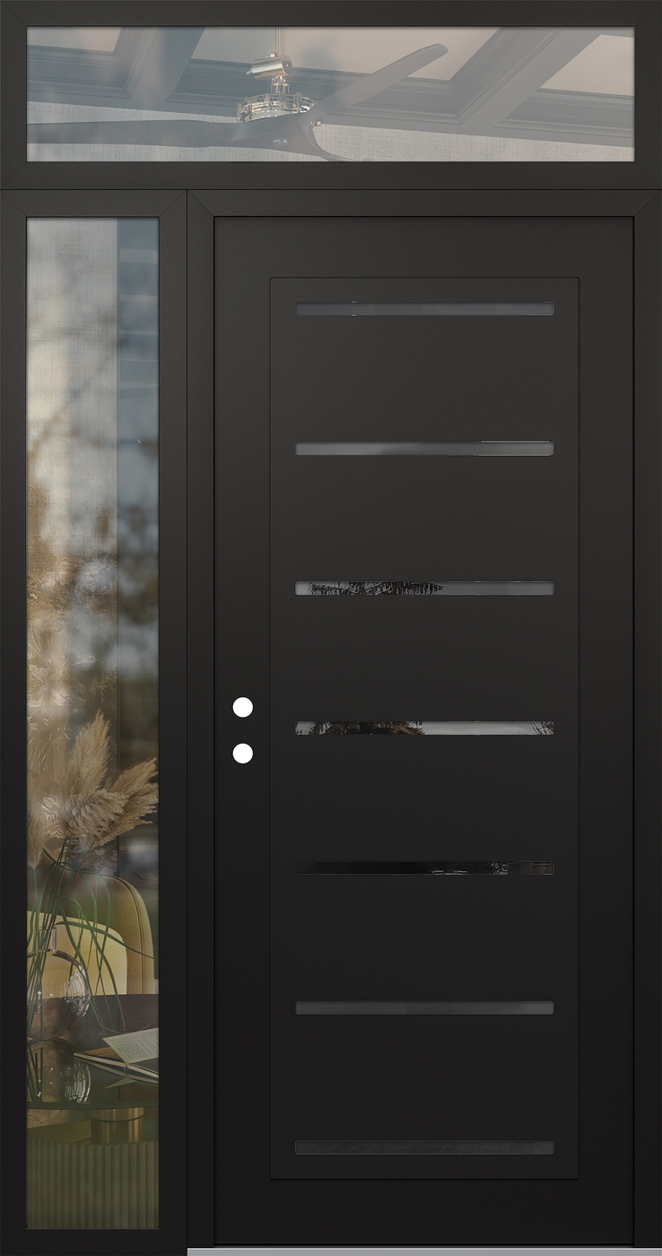 Modern Steel Front Door Diamond C11 50" x 96" black/black mirrored Glass Panel black RHI with Sidelite and Transom clear Glass