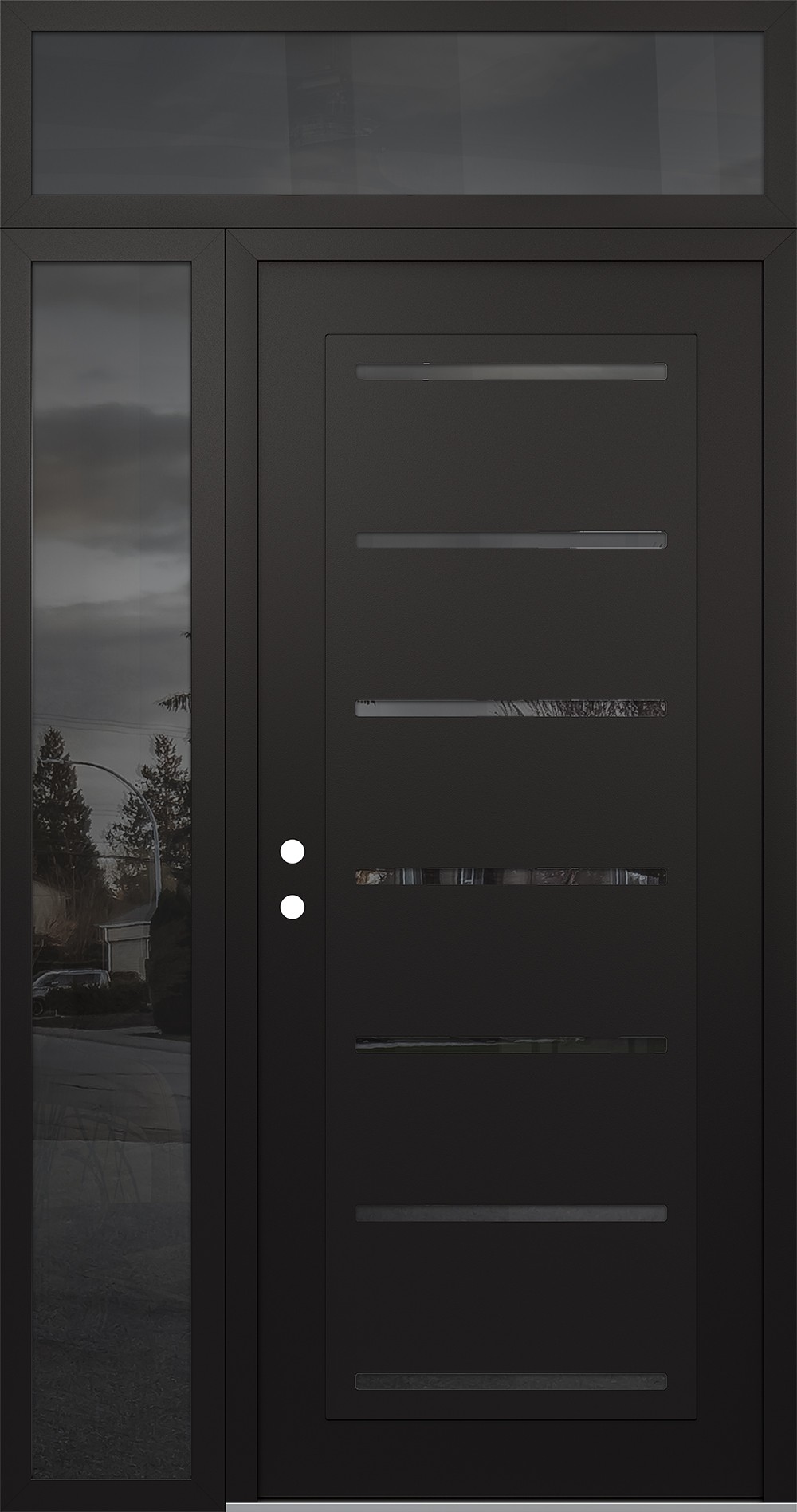 Modern Steel Front Door Diamond C11 50" x 96" black/black mirrored Glass Panel black RHI with Sidelite and Transom mirrored Glass