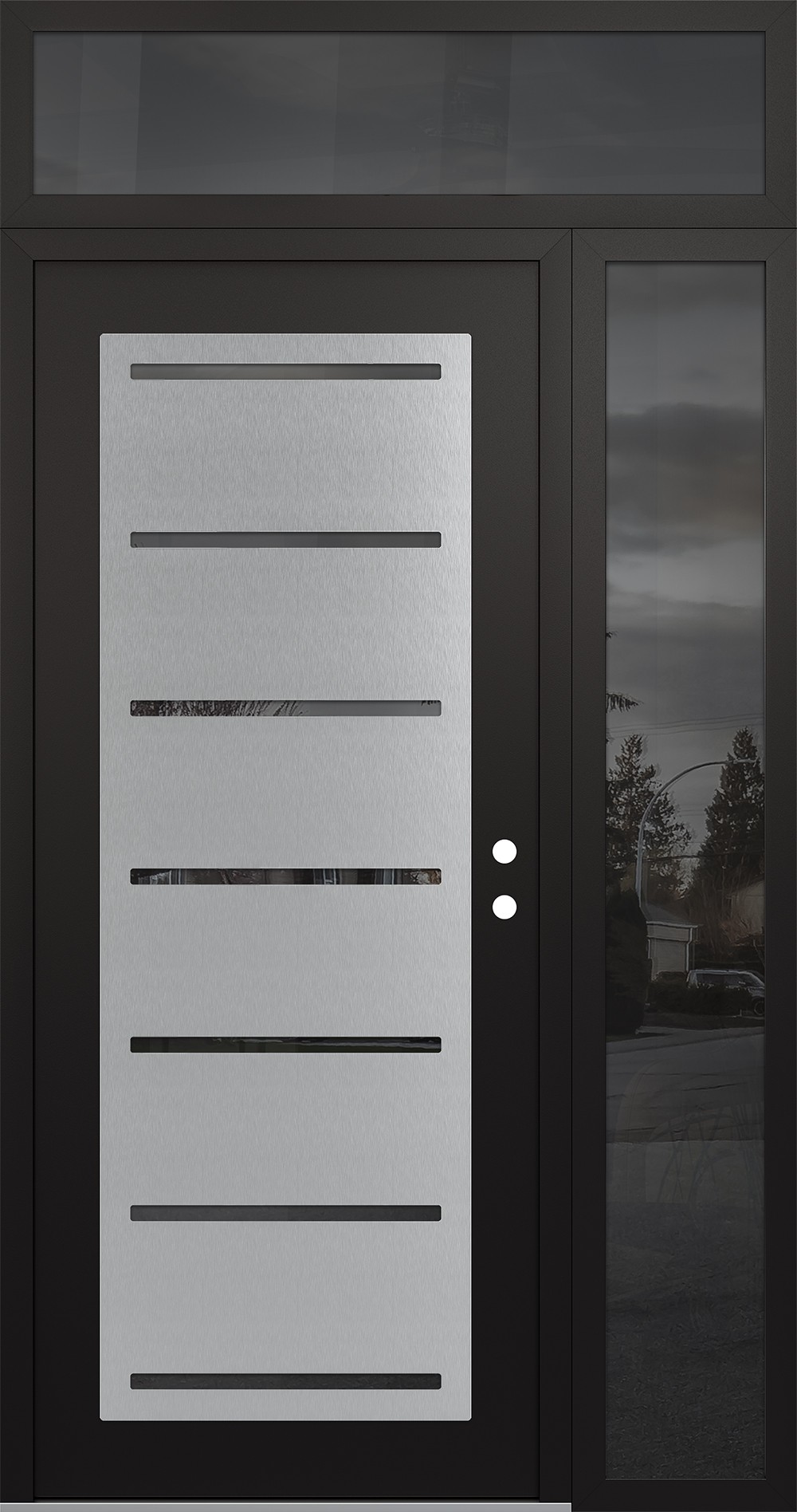 Modern Steel Front Door Diamond C11 50" x 96" black/black mirrored Glass Panel stainless steel LHI with Sidelite and Transom mirrored Glass