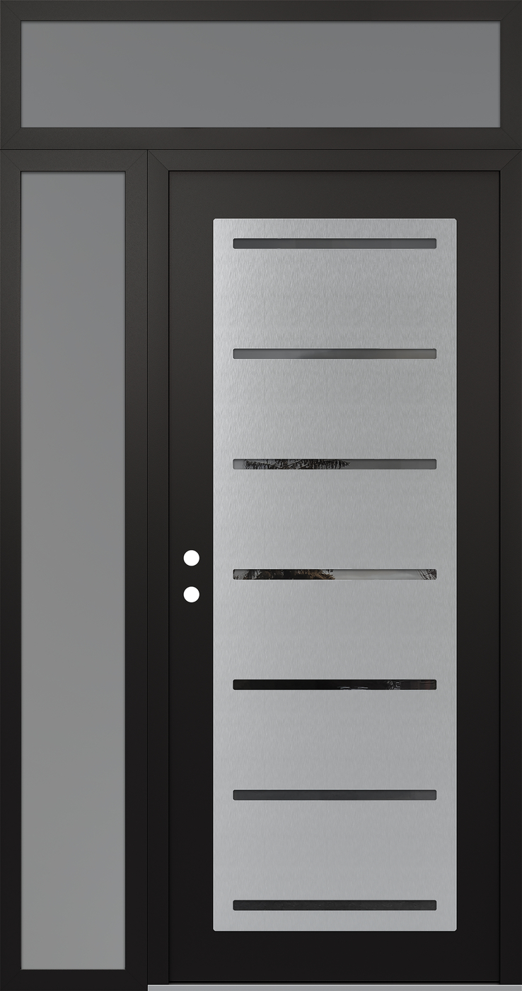 Modern Steel Front Door Diamond C11 50" x 96" black/black mirrored Glass Panel stainless steel RHI with Sidelite and Transom frosted Glass