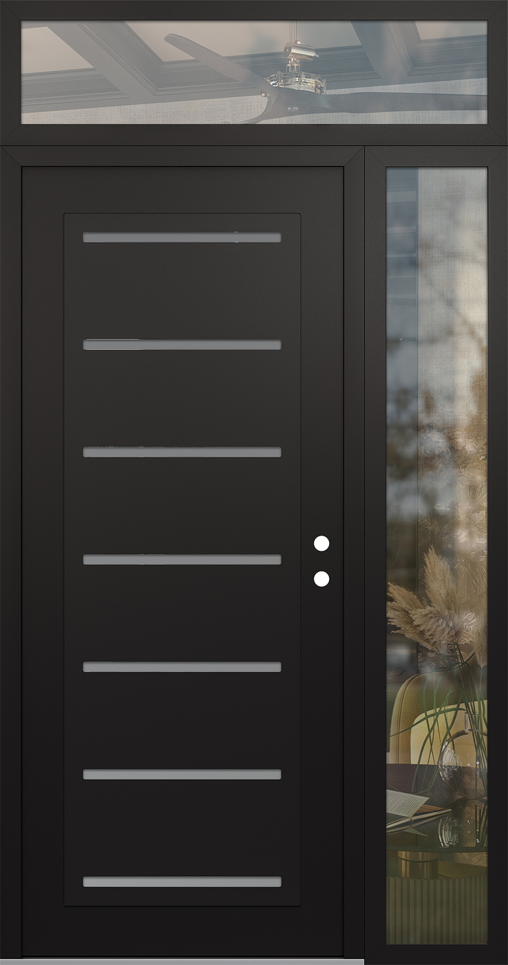 Modern Steel Front Door Diamond C11 50" x 96" black/white frosted Glass Panel black LHI with Sidelite and Transom clear Glass