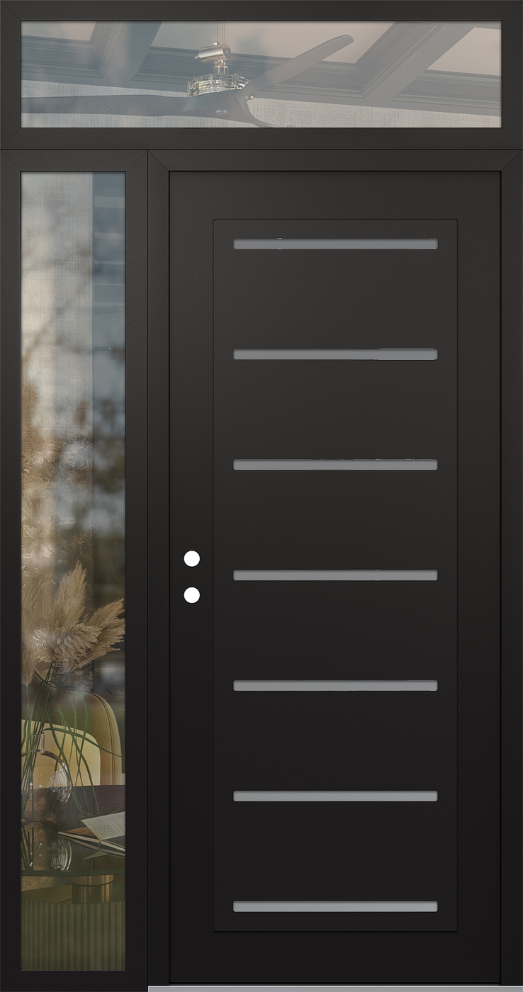Modern Steel Front Door Diamond C11 50" x 96" black/white frosted Glass Panel black RHI with Sidelite and Transom clear Glass