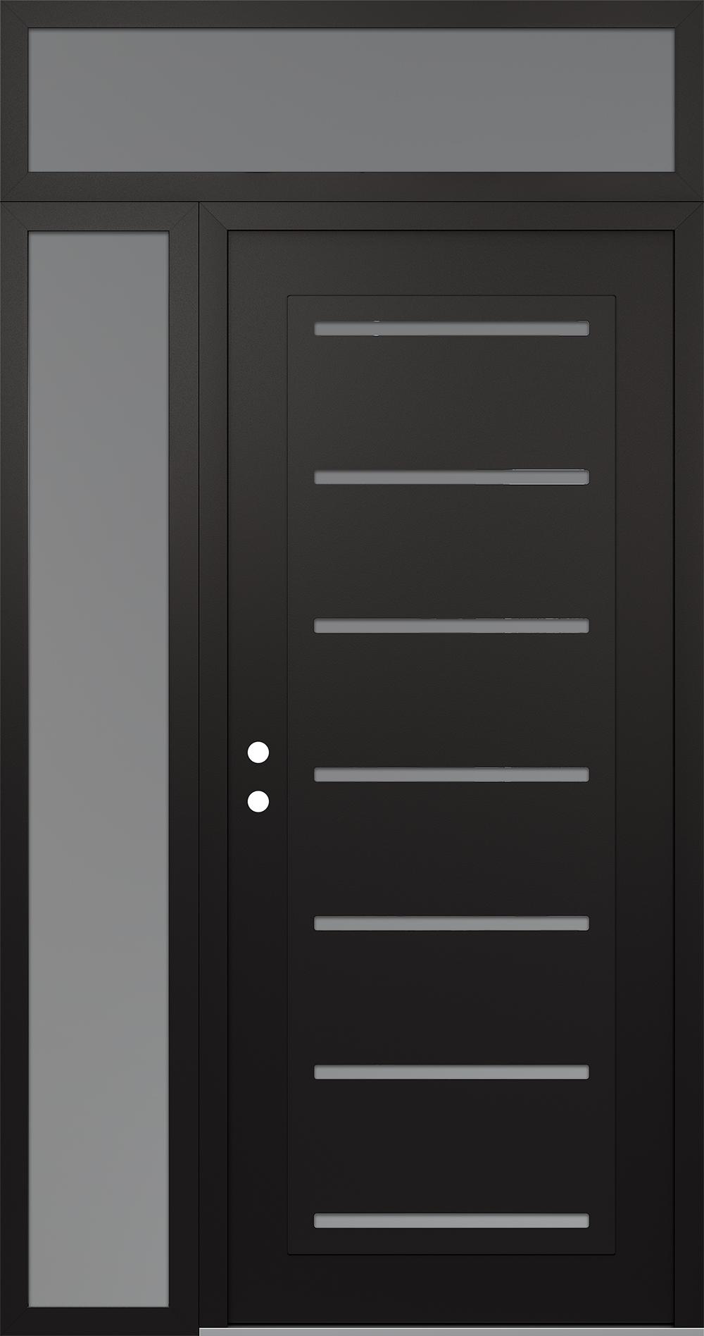 Modern Steel Front Door Diamond C11 50" x 96" black/white frosted Glass Panel black RHI with Sidelite and Transom frosted Glass