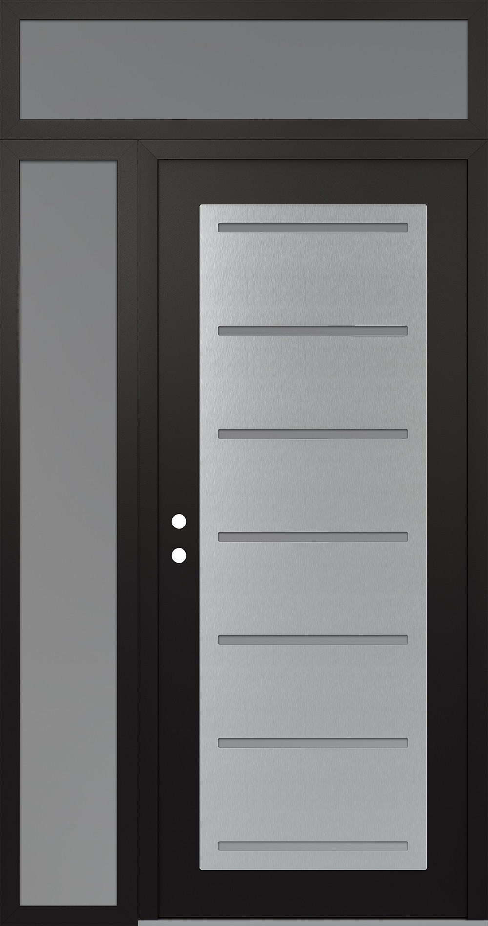 Modern Steel Front Door Diamond C11 50" x 96" black/white frosted Glass Panel stainless steel RHI with Sidelite and Transom frosted Glass