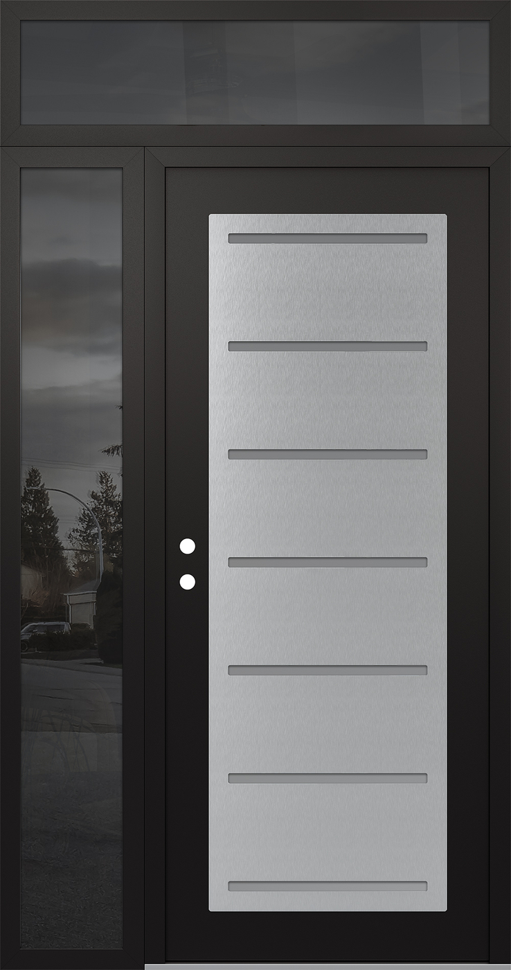 Modern Steel Front Door Diamond C11 50" x 96" black/white frosted Glass Panel stainless steel RHI with Sidelite and Transom mirrored Glass