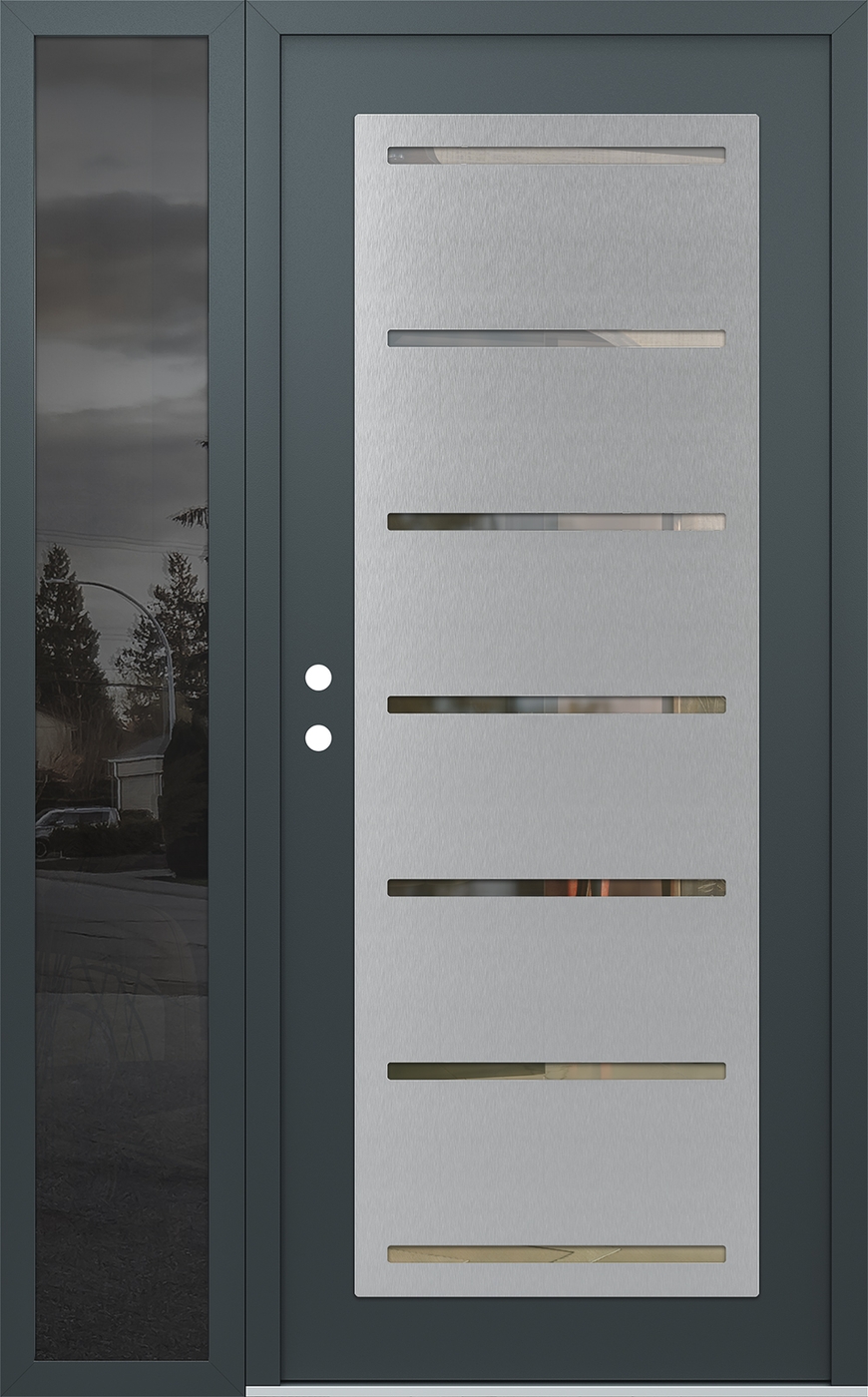 Modern Steel Front Door Diamond C11 52" x 80" anthracite/anthracite clear Glass Panel stainless steel RHI with Sidelite mirrored Glass