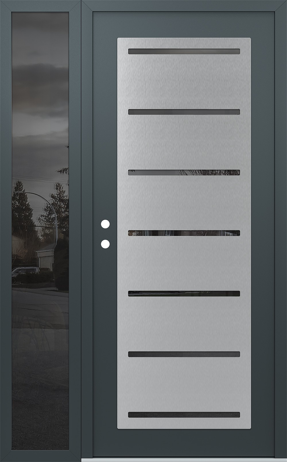 Modern Steel Front Door Diamond C11 52" x 80" anthracite/anthracite mirrored Glass Panel stainless steel RHI with Sidelite mirrored Glass