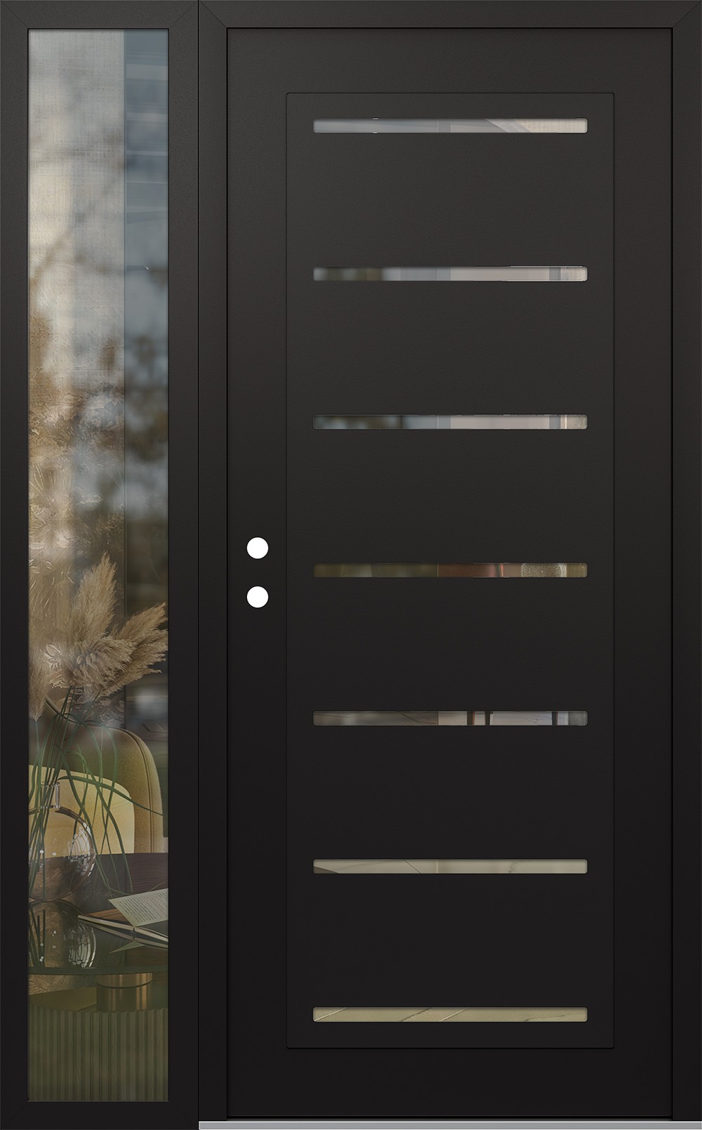 Modern Steel Front Door Diamond C11 52" x 80" black/black clear Glass Panel black RHI with Sidelite clear Glass