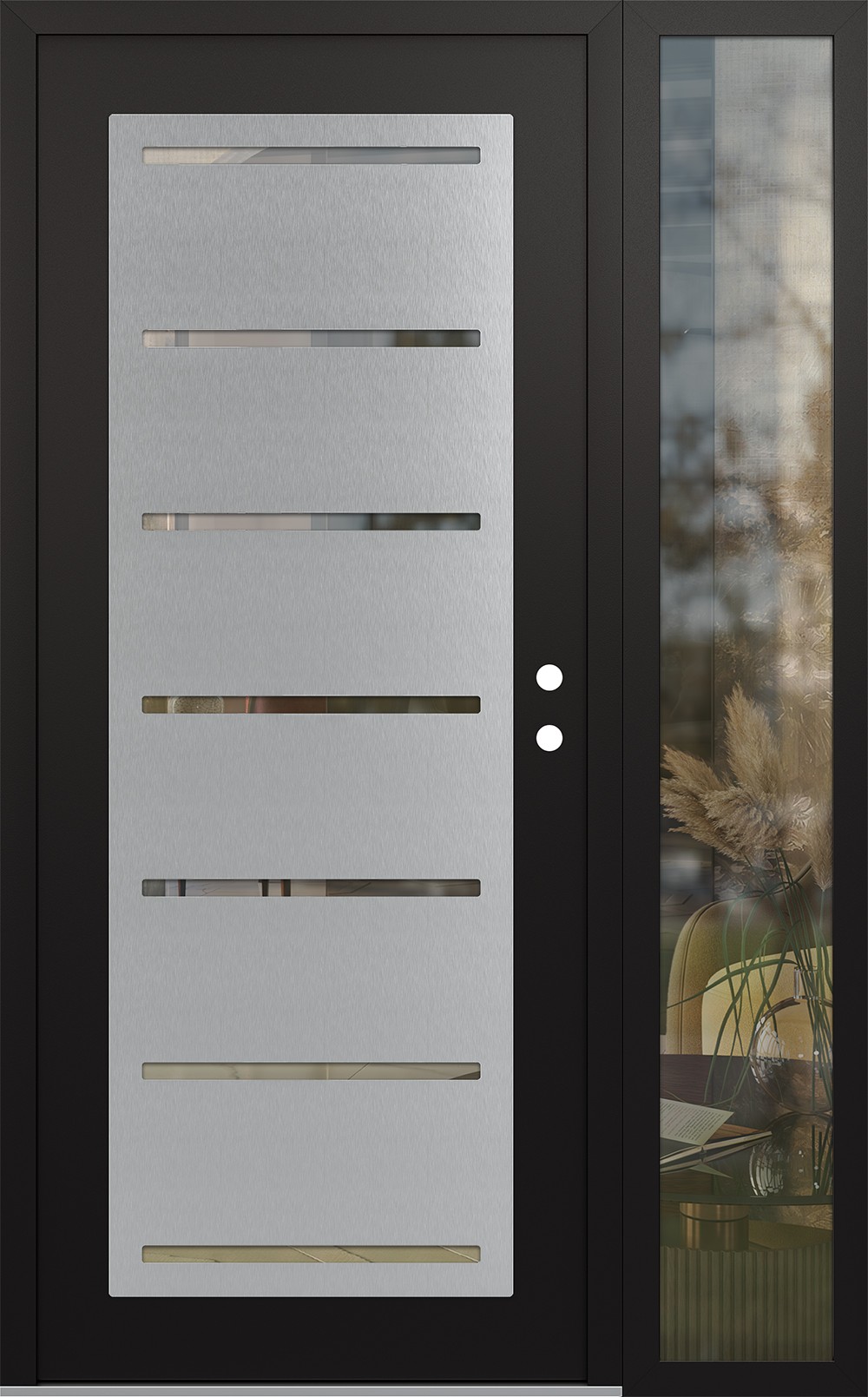 Modern Steel Front Door Diamond C11 52" x 80" black/black clear Glass Panel stainless steel LHI with Sidelite clear Glass