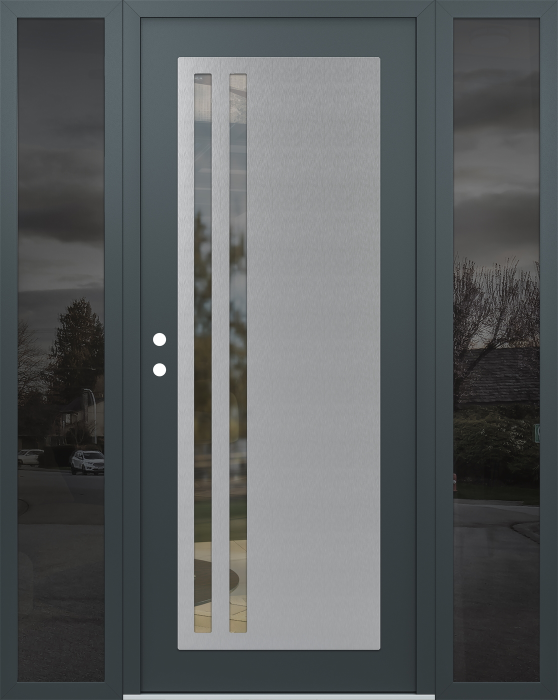 Modern Steel Front Door Diamond C6 68" x 80" anthracite/anthracite clear Glass Panel stainless steel RHI with 2 Sidelites mirrored Glass