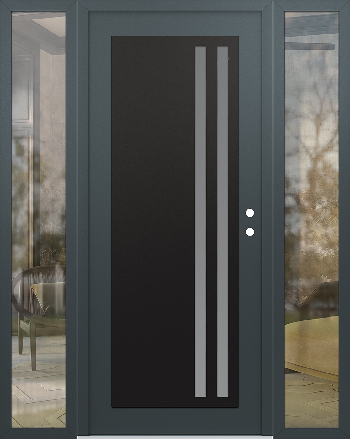 Modern Steel Front Door Diamond C6 68" x 80" anthracite/anthracite frosted Glass Panel black LHI with 2 Sidelites clear Glass