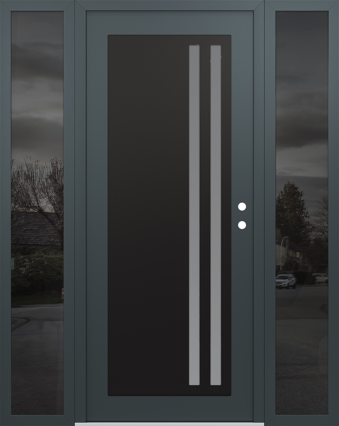 Modern Steel Front Door Diamond C6 68" x 80" anthracite/anthracite frosted Glass Panel black LHI with 2 Sidelites mirrored Glass