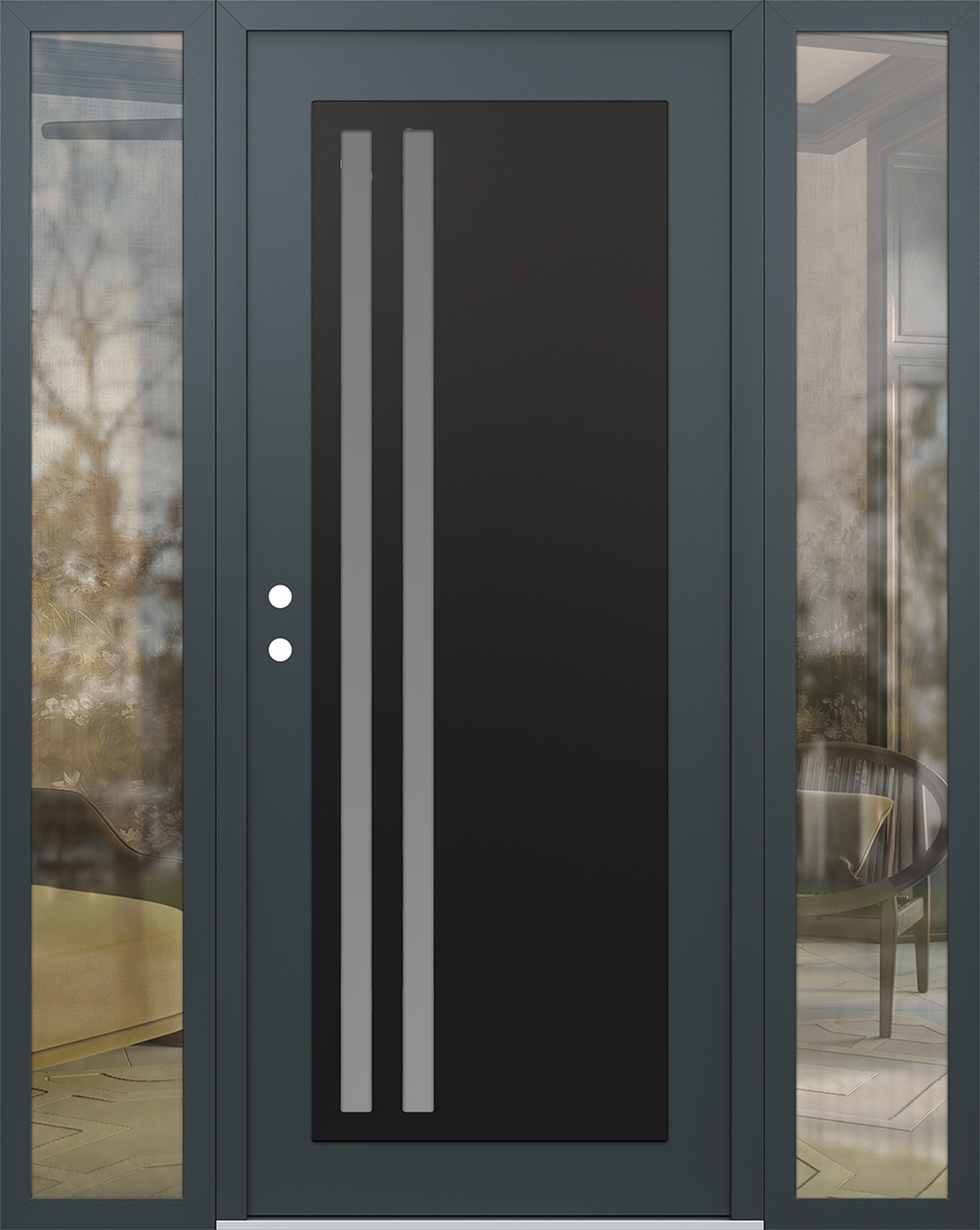Modern Steel Front Door Diamond C6 68" x 80" anthracite/anthracite frosted Glass Panel black RHI with 2 Sidelites clear Glass