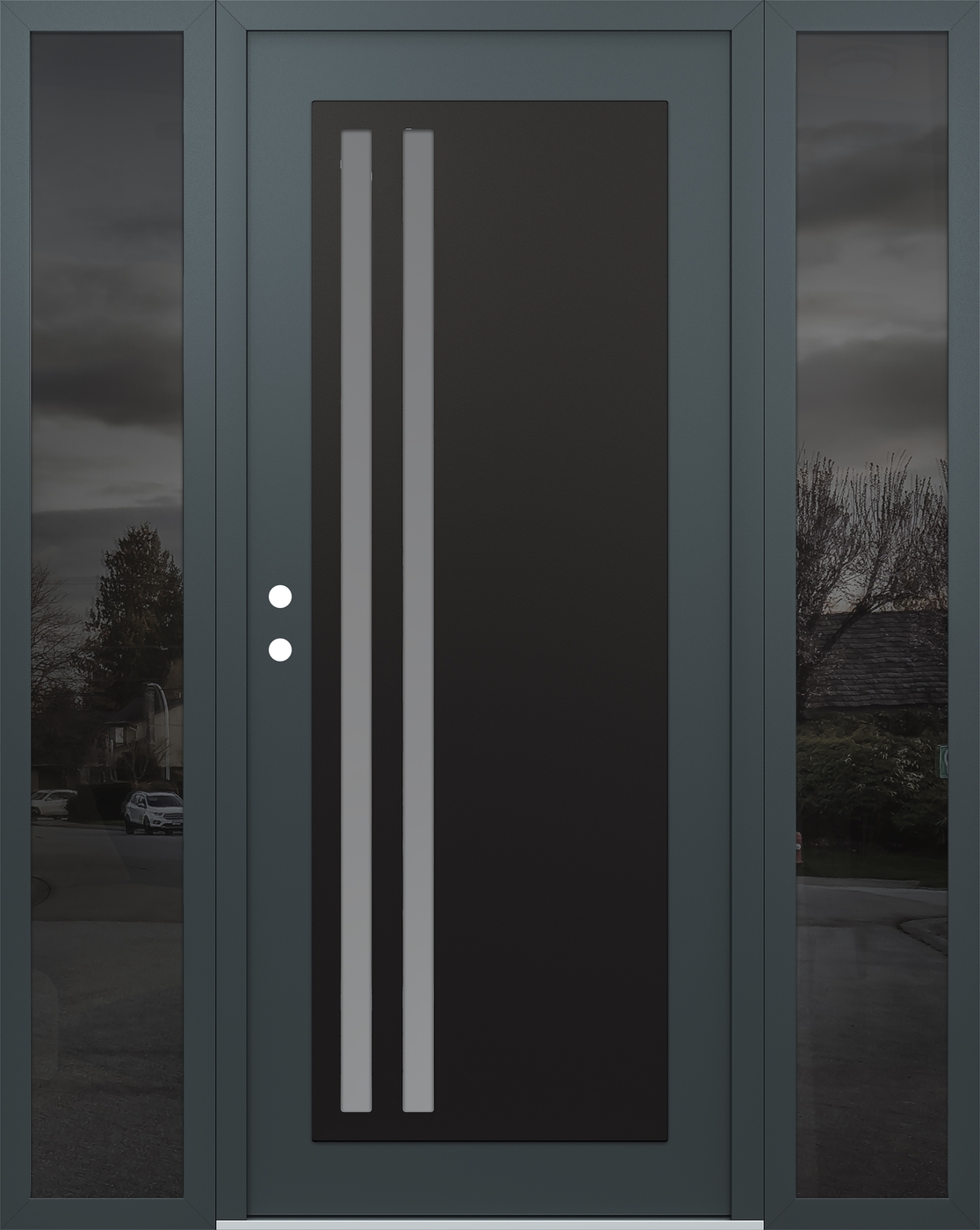 Modern Steel Front Door Diamond C6 68" x 80" anthracite/anthracite frosted Glass Panel black RHI with 2 Sidelites mirrored Glass