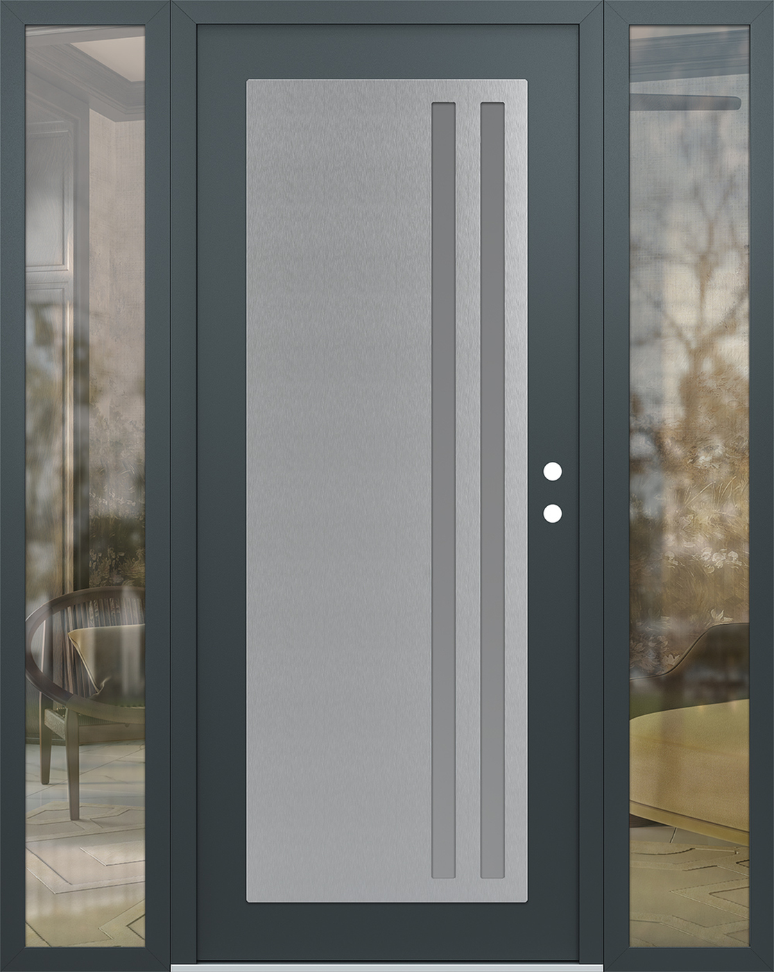 Modern Steel Front Door Diamond C6 68" x 80" anthracite/anthracite frosted Glass Panel stainless steel LHI with 2 Sidelites clear Glass