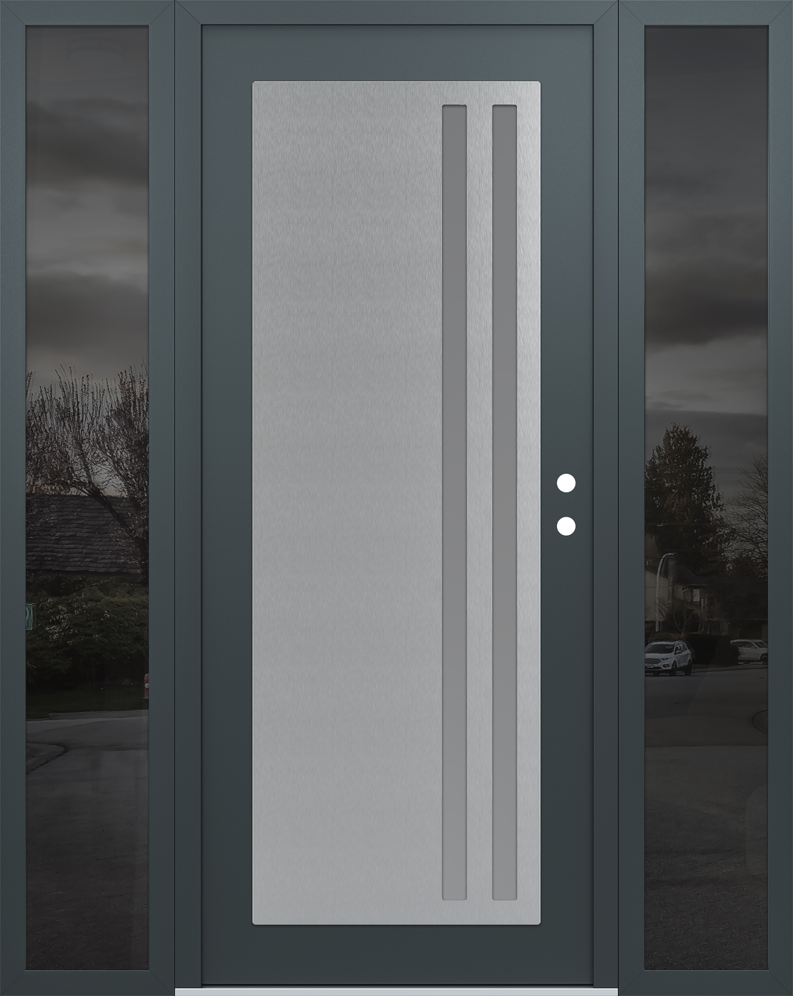 Modern Steel Front Door Diamond C6 68" x 80" anthracite/anthracite frosted Glass Panel stainless steel LHI with 2 Sidelites mirrored Glass