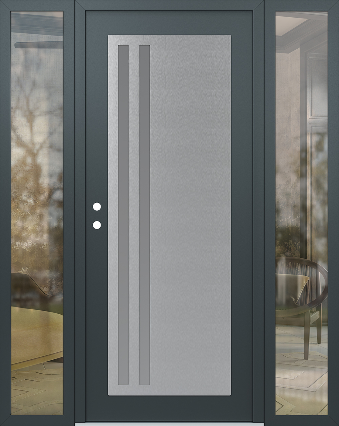 Modern Steel Front Door Diamond C6 68" x 80" anthracite/anthracite frosted Glass Panel stainless steel RHI with 2 Sidelites clear Glass