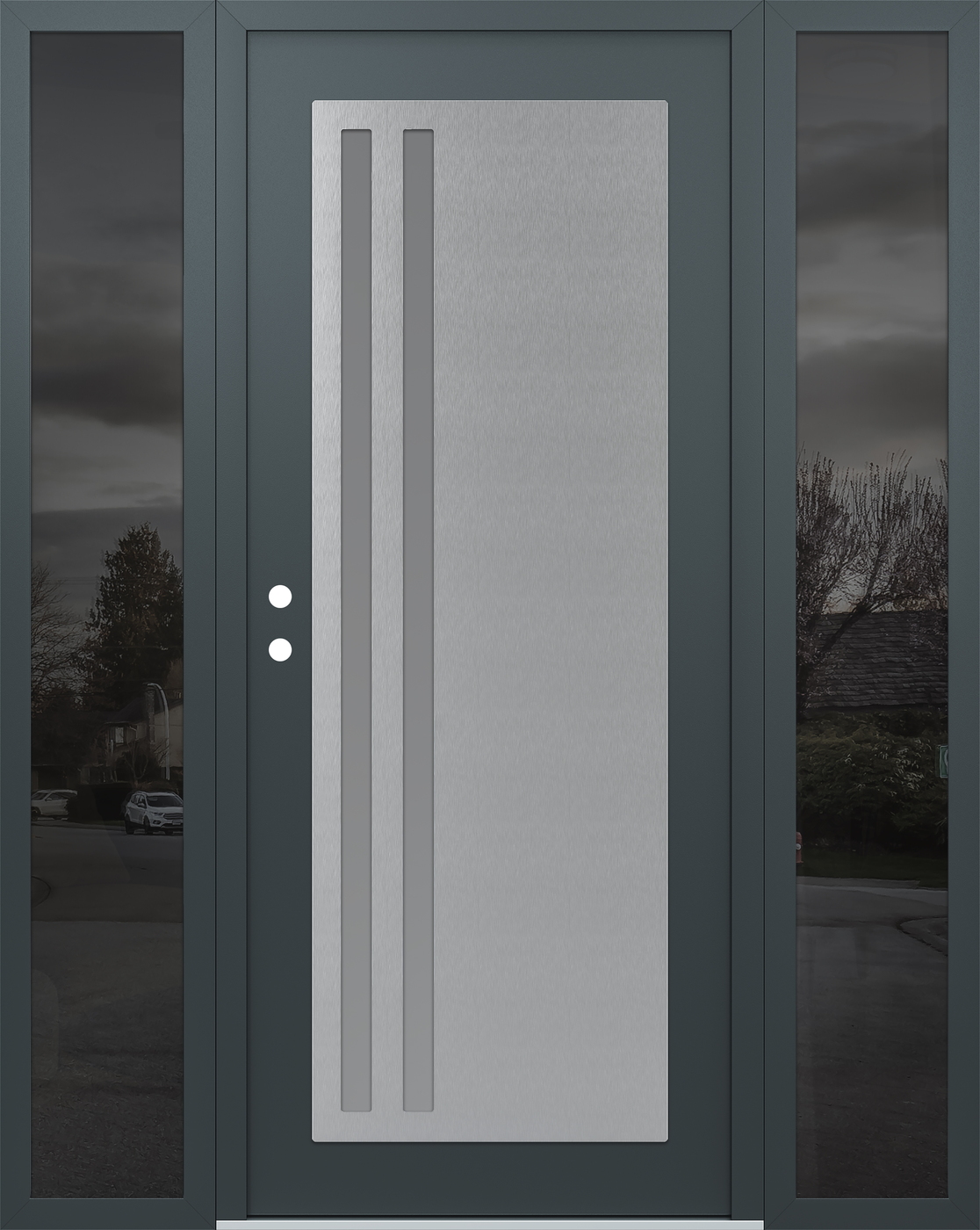 Modern Steel Front Door Diamond C6 68" x 80" anthracite/anthracite frosted Glass Panel stainless steel RHI with 2 Sidelites mirrored Glass