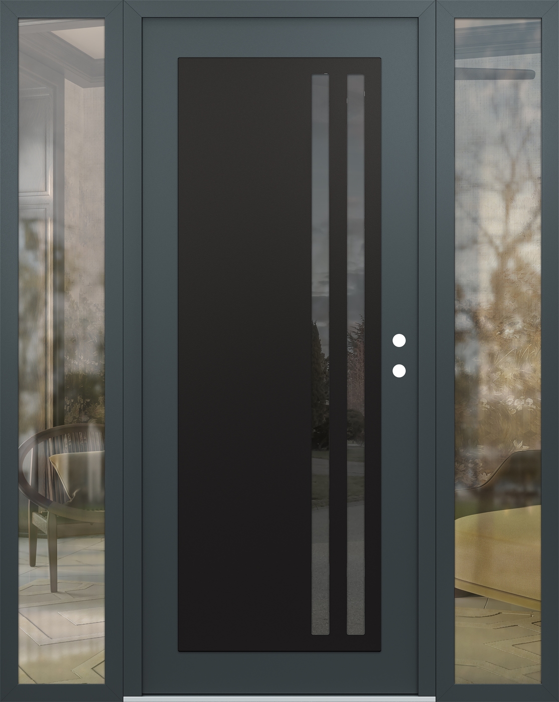 Modern Steel Front Door Diamond C6 68" x 80" anthracite/anthracite mirrored Glass Panel black LHI with 2 Sidelites clear Glass