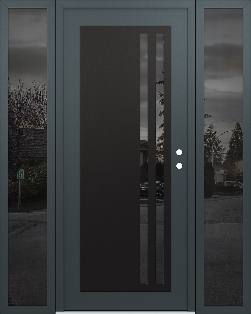 Modern Steel Front Door Diamond C6 68" x 80" anthracite/anthracite mirrored Glass Panel black LHI with 2 Sidelites mirrored Glass
