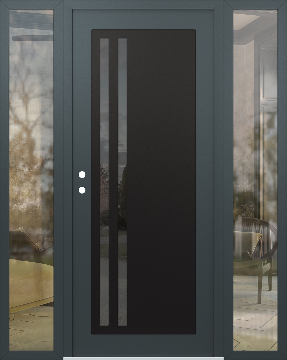 Modern Steel Front Door Diamond C6 68" x 80" anthracite/anthracite mirrored Glass Panel black RHI with 2 Sidelites clear Glass