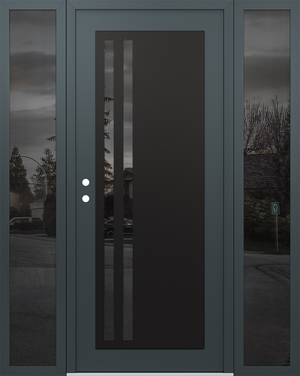 Modern Steel Front Door Diamond C6 68" x 80" anthracite/anthracite mirrored Glass Panel black RHI with 2 Sidelites mirrored Glass