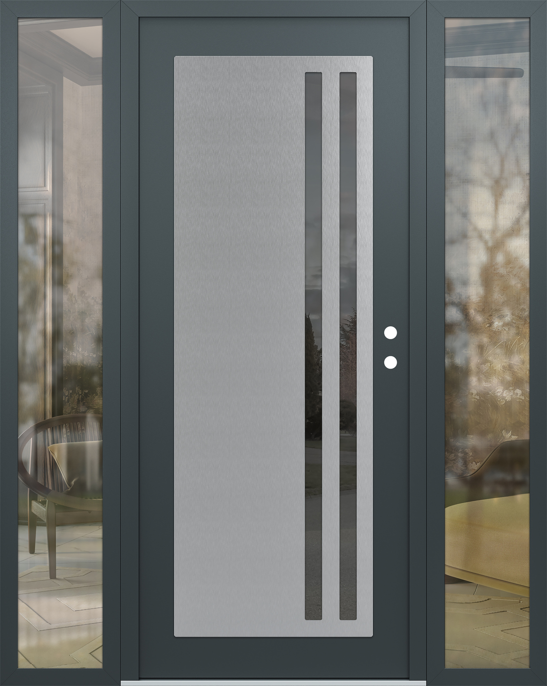 Modern Steel Front Door Diamond C6 68" x 80" anthracite/anthracite mirrored Glass Panel stainless steel LHI with 2 Sidelites clear Glass