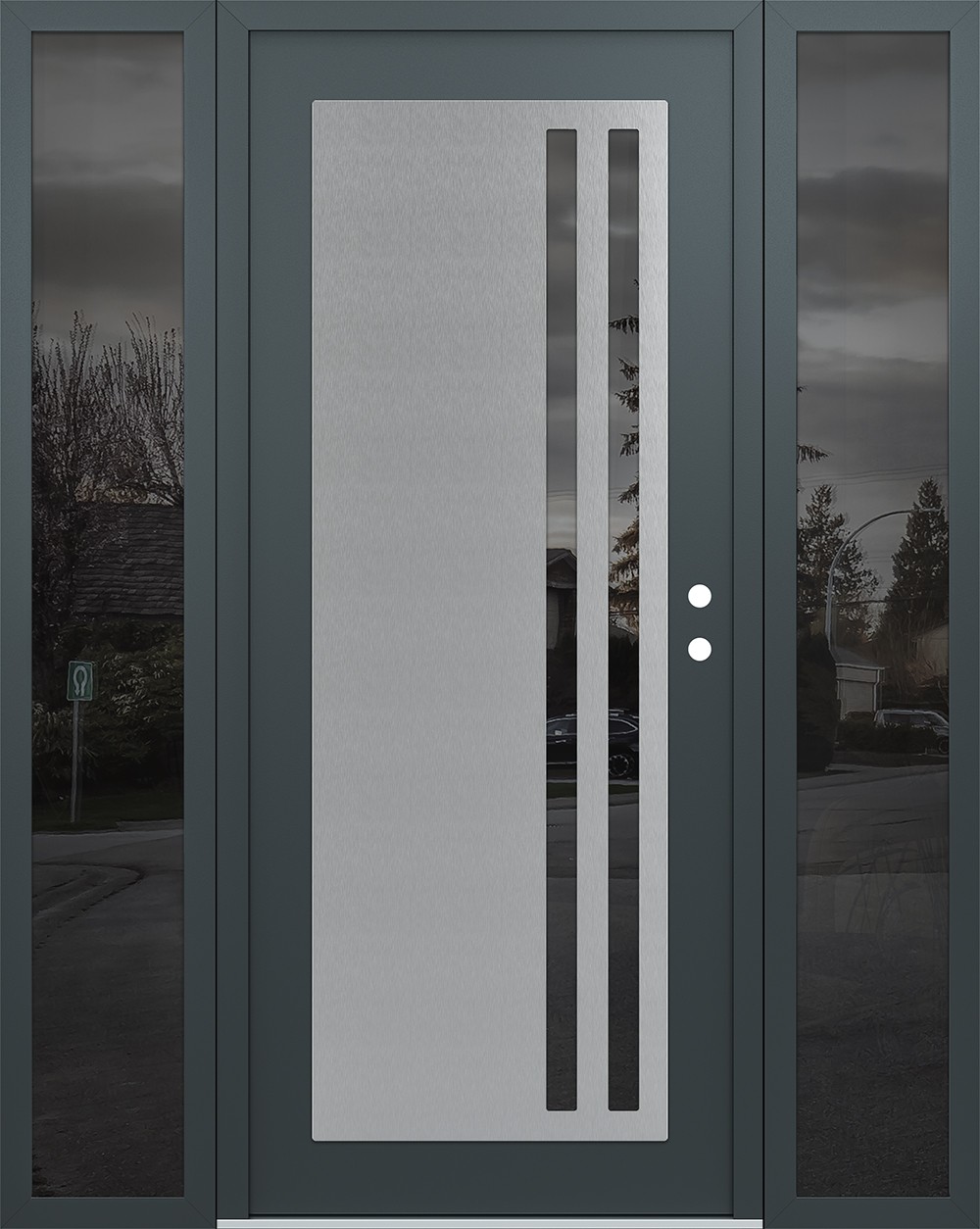 Modern Steel Front Door Diamond C6 68" x 80" anthracite/anthracite mirrored Glass Panel stainless steel LHI with 2 Sidelites mirrored Glass
