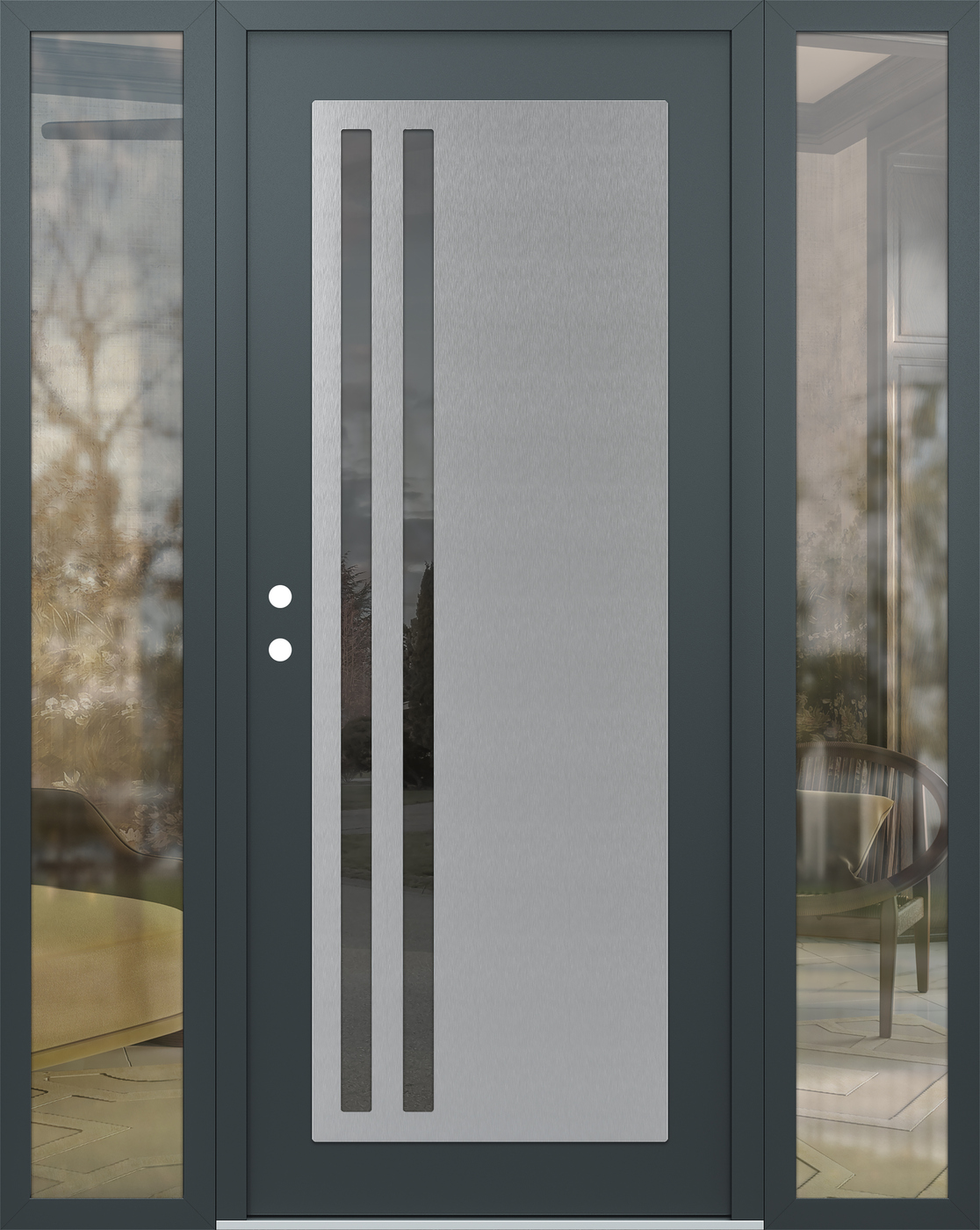 Modern Steel Front Door Diamond C6 68" x 80" anthracite/anthracite mirrored Glass Panel stainless steel RHI with 2 Sidelites clear Glass