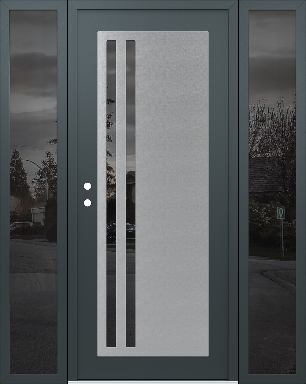 Modern Steel Front Door Diamond C6 68" x 80" anthracite/anthracite mirrored Glass Panel stainless steel RHI with 2 Sidelites mirrored Glass