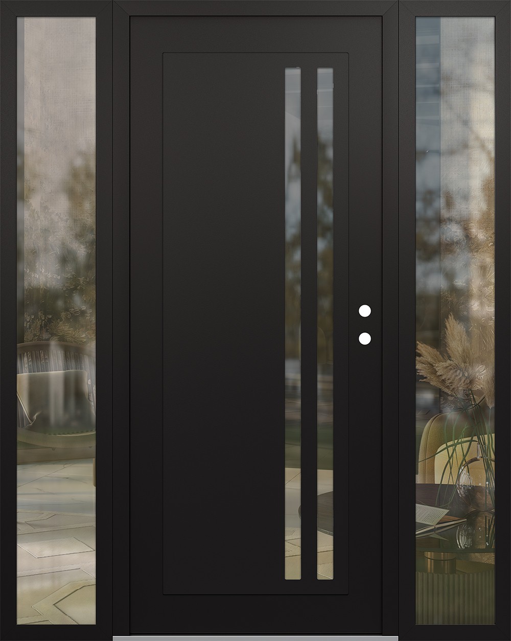 Modern Steel Front Door Diamond C6 68" x 80" black/black clear Glass Panel black LHI with 2 Sidelites clear Glass