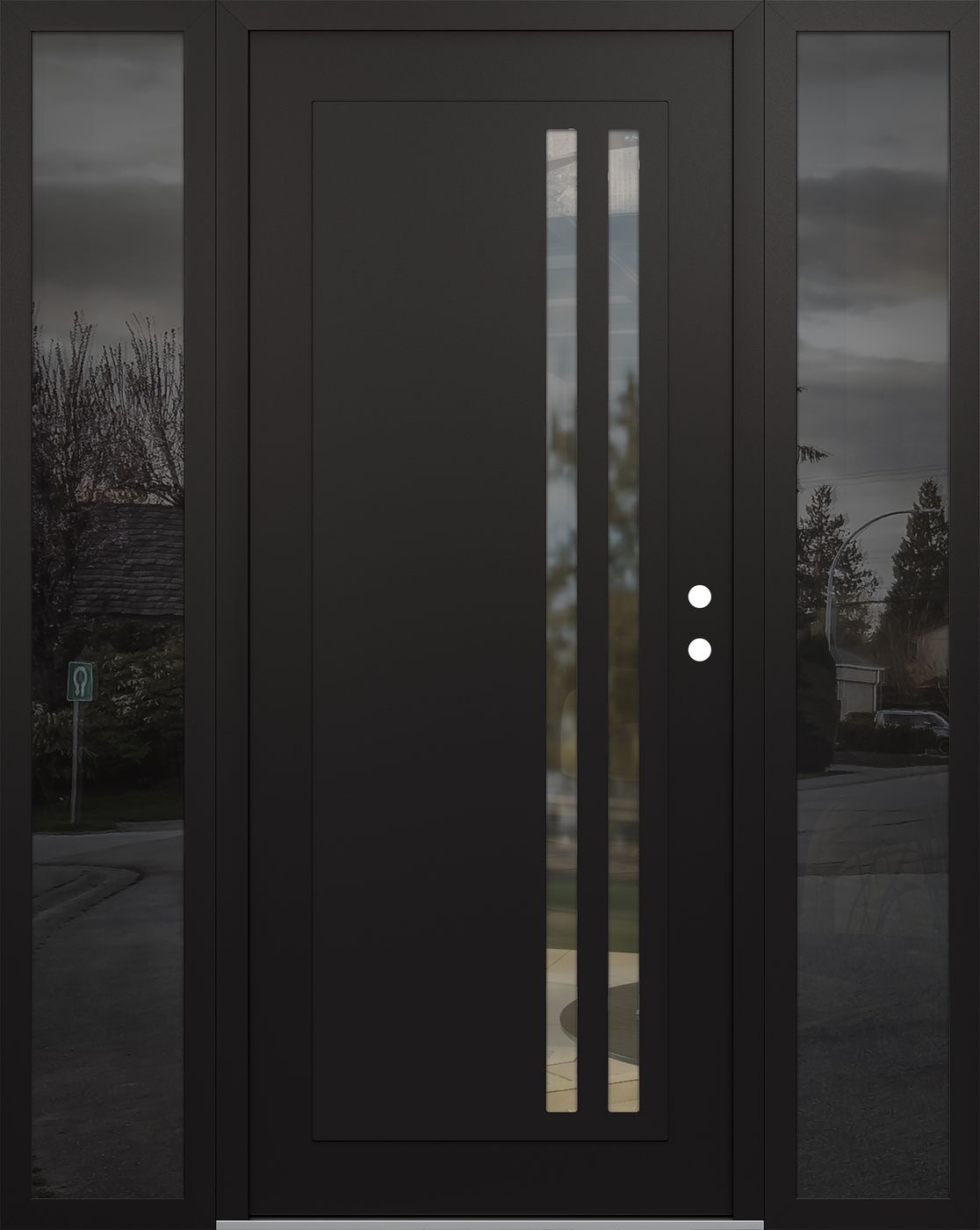 Modern Steel Front Door Diamond C6 68" x 80" black/black clear Glass Panel black LHI with 2 Sidelites mirrored Glass