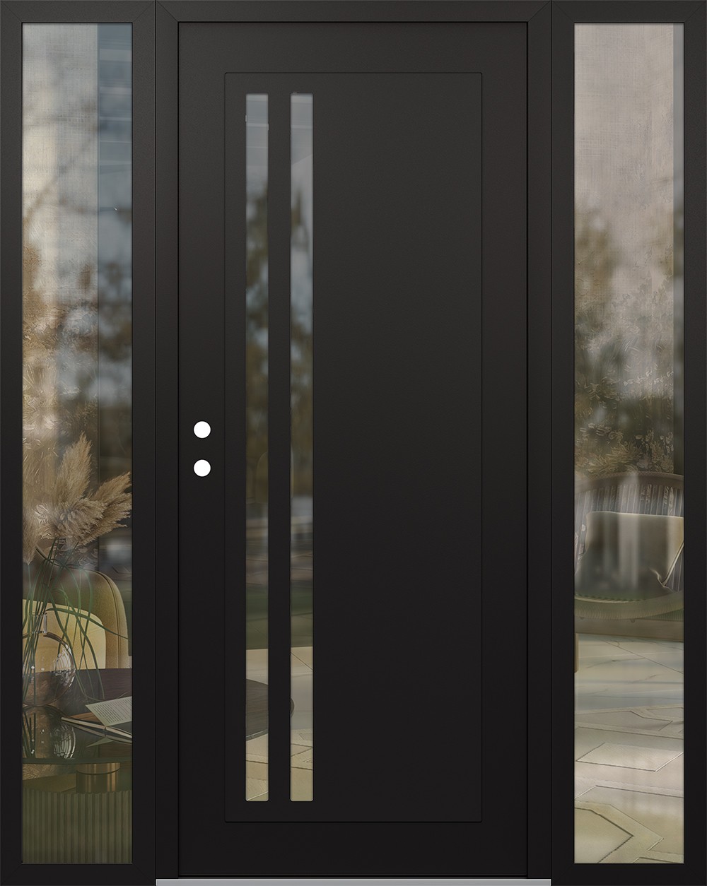 Modern Steel Front Door Diamond C6 68" x 80" black/black clear Glass Panel black RHI with 2 Sidelites clear Glass