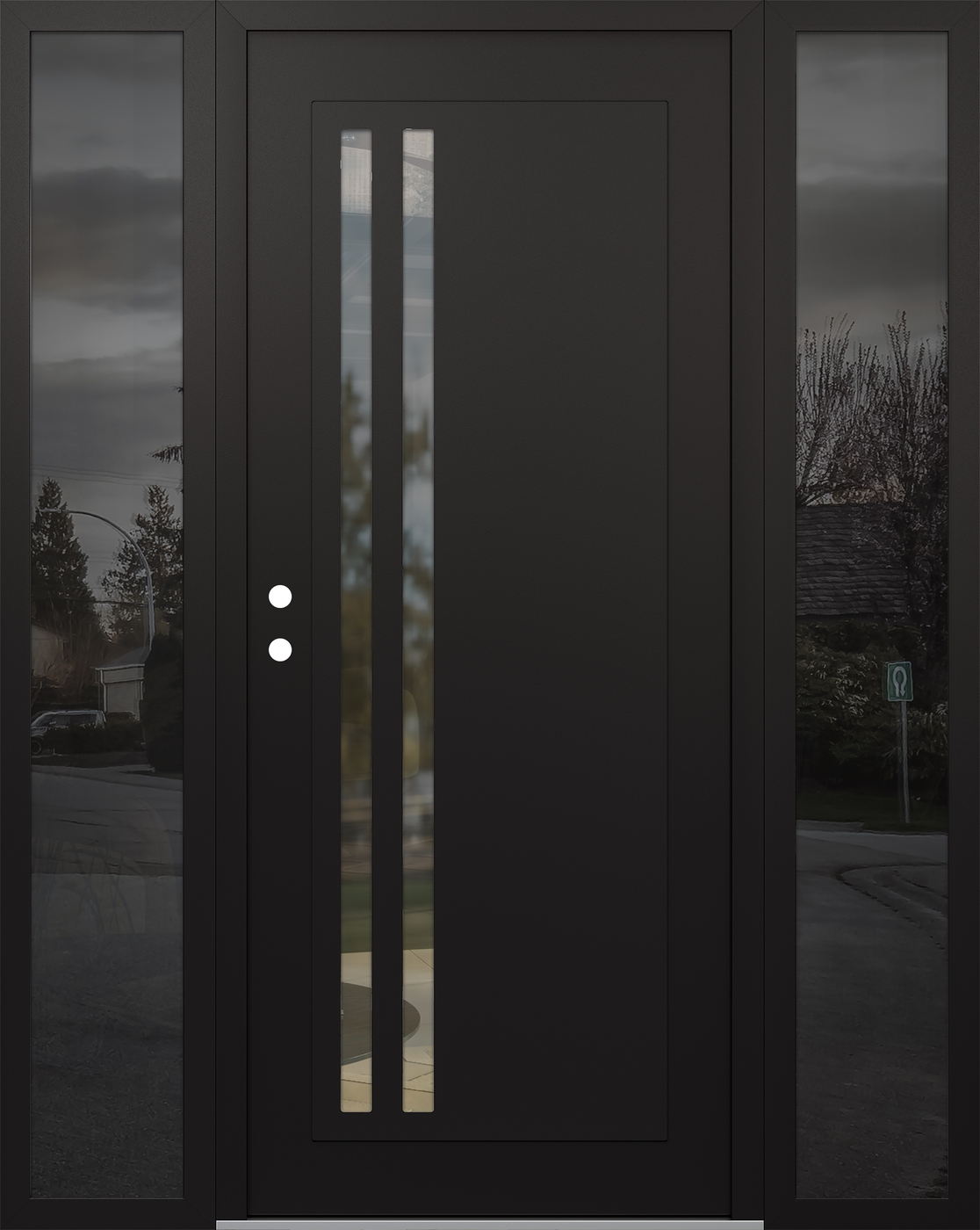 Modern Steel Front Door Diamond C6 68" x 80" black/black clear Glass Panel black RHI with 2 Sidelites mirrored Glass