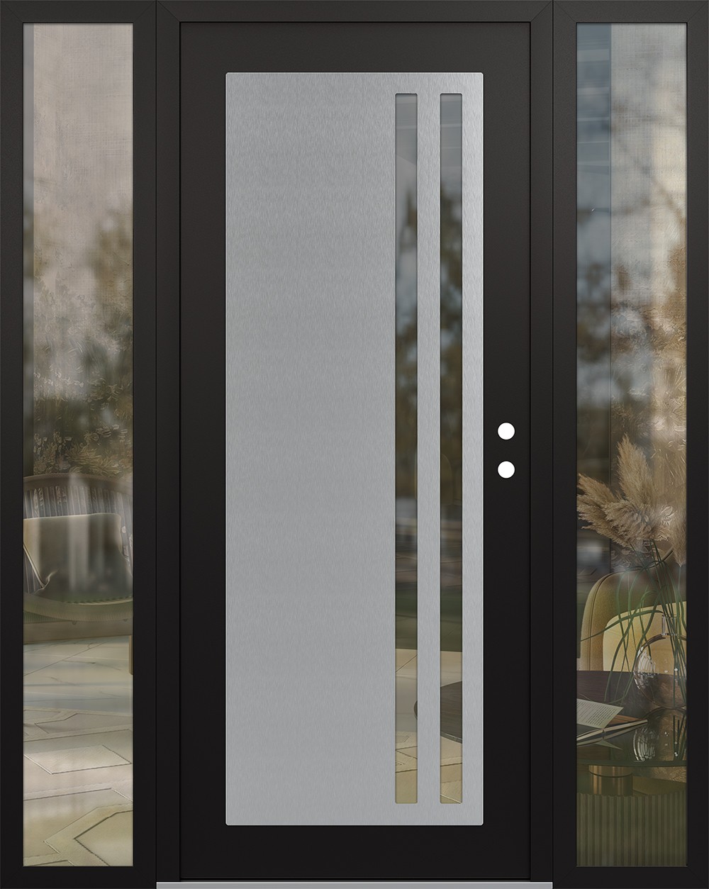 Modern Steel Front Door Diamond C6 68" x 80" black/black clear Glass Panel stainless steel LHI with 2 Sidelites clear Glass