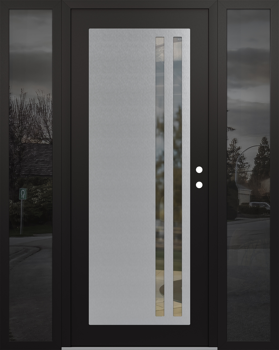 Modern Steel Front Door Diamond C6 68" x 80" black/black clear Glass Panel stainless steel LHI with 2 Sidelites mirrored Glass