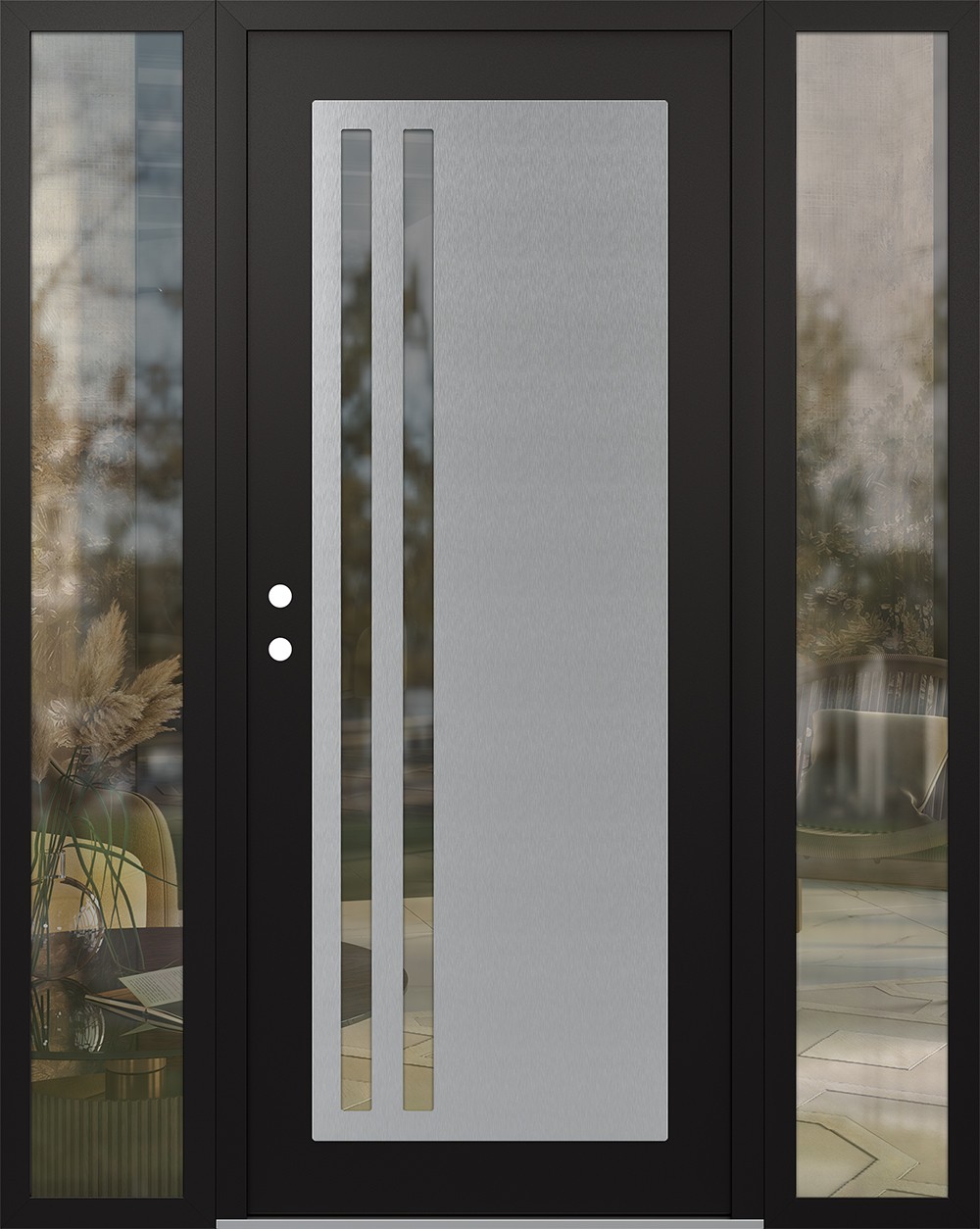 Modern Steel Front Door Diamond C6 68" x 80" black/black clear Glass Panel stainless steel RHI with 2 Sidelites clear Glass