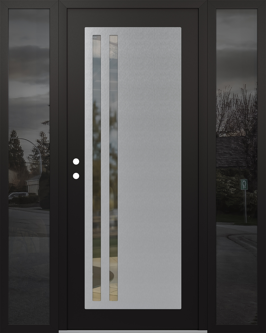 Modern Steel Front Door Diamond C6 68" x 80" black/black clear Glass Panel stainless steel RHI with 2 Sidelites mirrored Glass