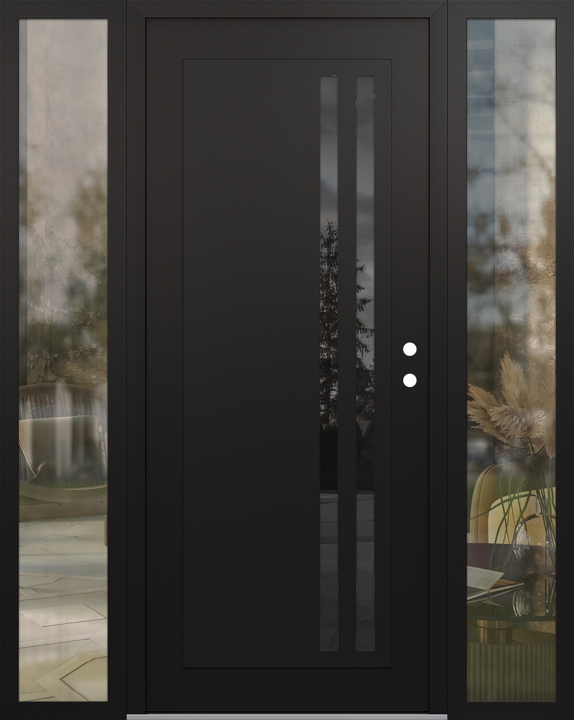 Modern Steel Front Door Diamond C6 68" x 80" black/black mirrored Glass Panel black LHI with 2 Sidelites clear Glass