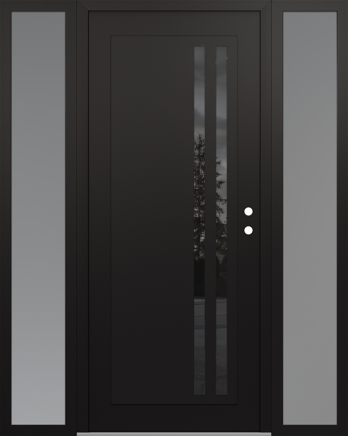 Modern Steel Front Door Diamond C6 68" x 80" black/black mirrored Glass Panel black LHI with 2 Sidelites frosted Glass