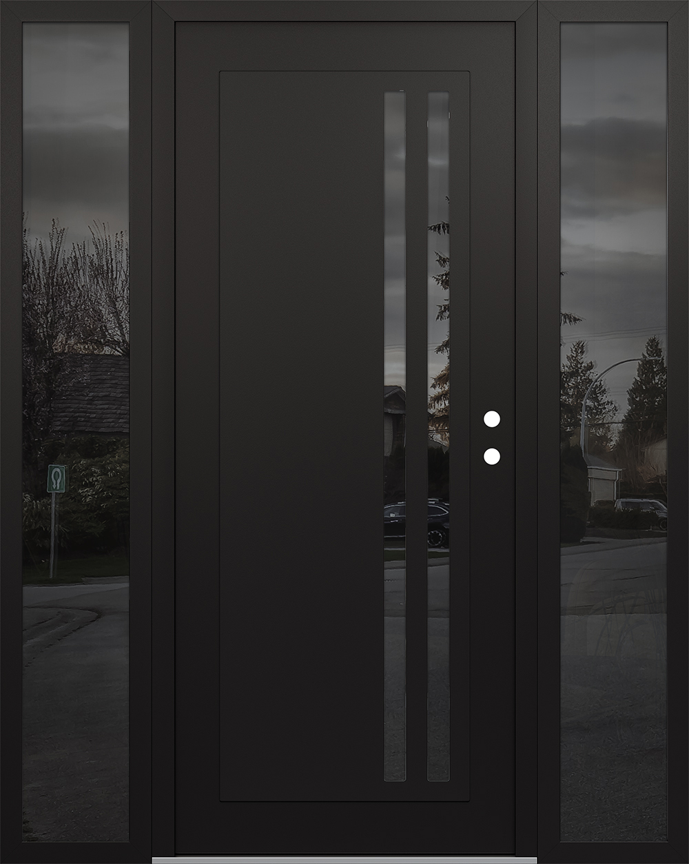 Modern Steel Front Door Diamond C6 68" x 80" black/black mirrored Glass Panel black LHI with 2 Sidelites mirrored Glass