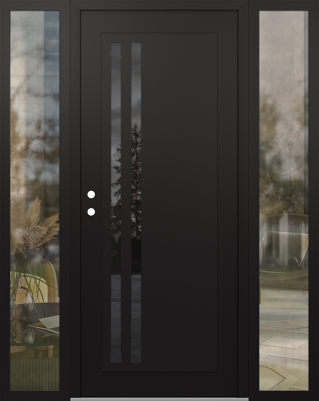 Modern Steel Front Door Diamond C6 68" x 80" black/black mirrored Glass Panel black RHI with 2 Sidelites clear Glass