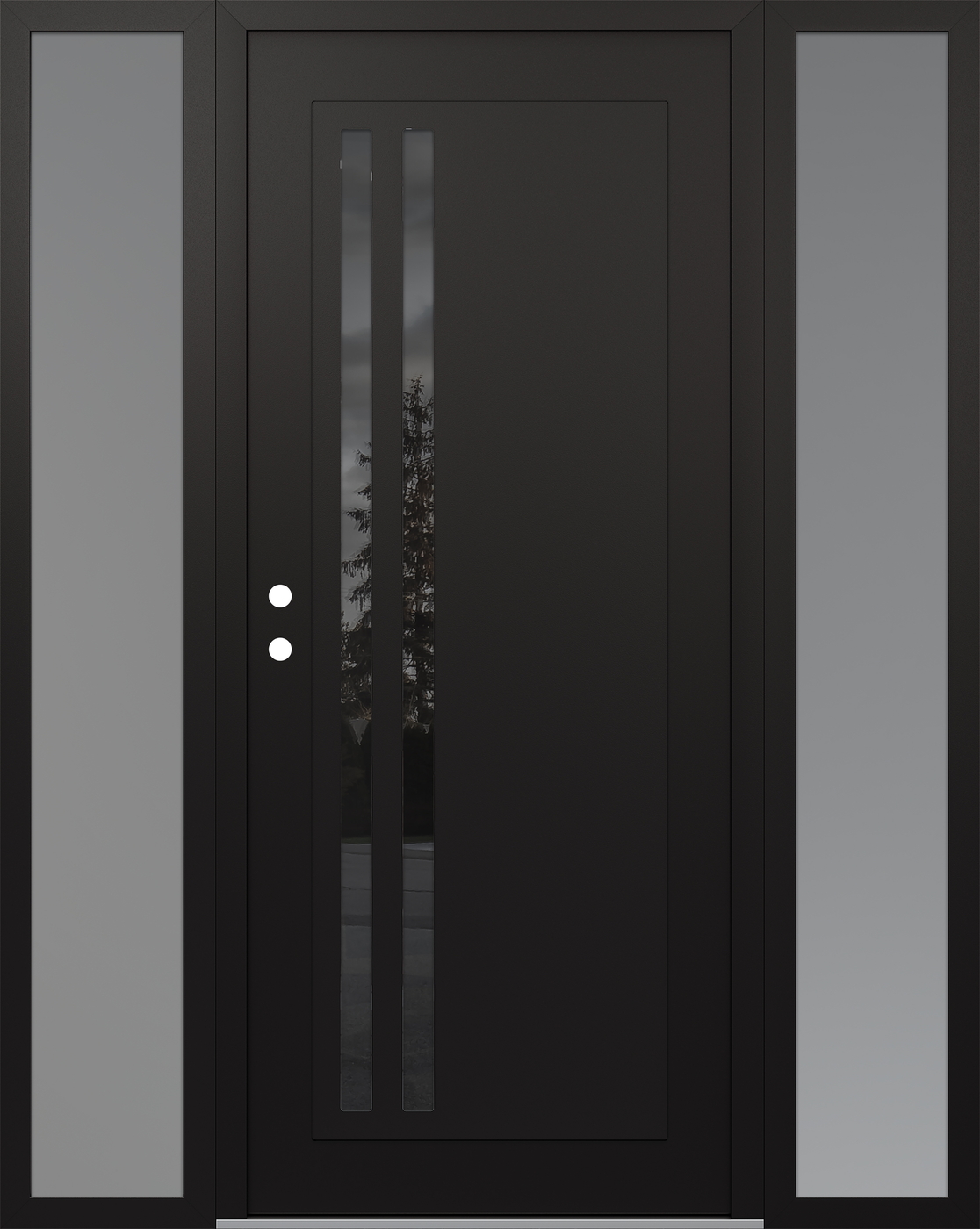 Modern Steel Front Door Diamond C6 68" x 80" black/black mirrored Glass Panel black RHI with 2 Sidelites frosted Glass