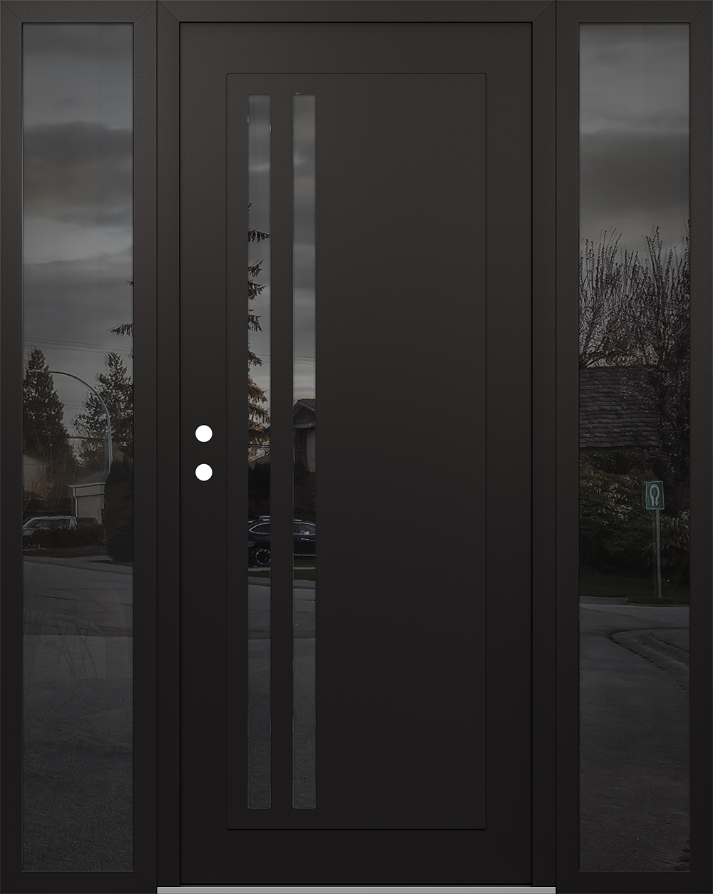 Modern Steel Front Door Diamond C6 68" x 80" black/black mirrored Glass Panel black RHI with 2 Sidelites mirrored Glass