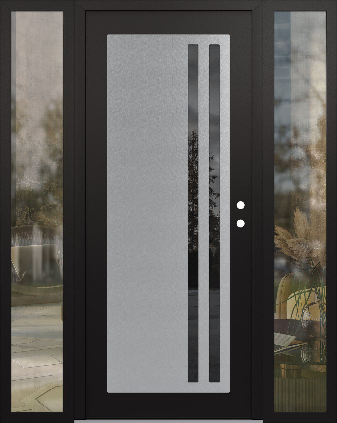 Modern Steel Front Door Diamond C6 68" x 80" black/black mirrored Glass Panel stainless steel LHI with 2 Sidelites clear Glass